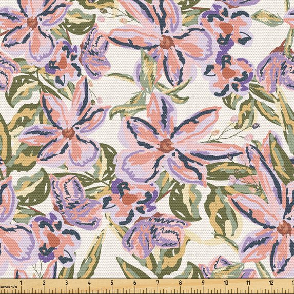 Ambesonne Abstract Floral Fabric by the Yard Upholstery, Retro Garden Bloom, 2 Yards, Ivory and Multicolor