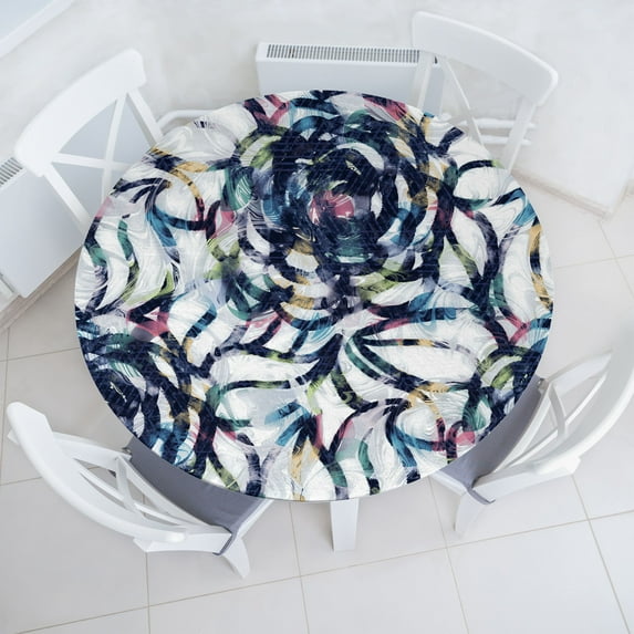 Ambesonne Abstract Floral Fitted Round Tablecloth, Blooming Fun Blooms, 36"- 40" Diameter, Indigo and Multicolor