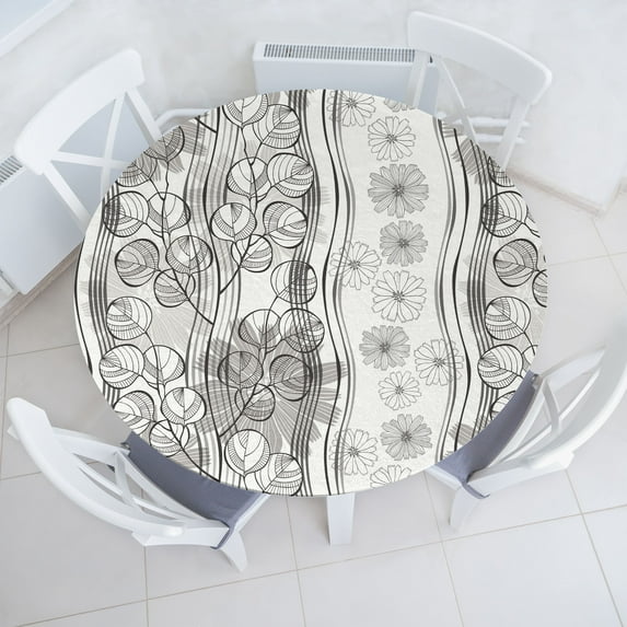 Ambesonne Abstract Floral Fitted Round Tablecloth, Leaves with Swirls, 36"- 40" Diameter, Pale Sepia Dust Coconut