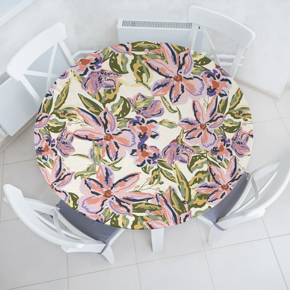 Ambesonne Abstract Floral Fitted Round Tablecloth, Retro Garden Bloom, 36"- 40" Diameter, Ivory and Multicolor
