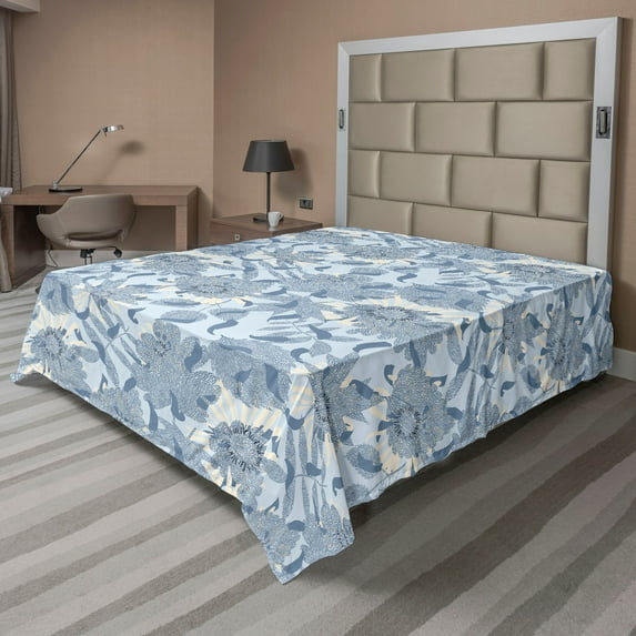 Ambesonne Abstract Floral Flat Bedding Sheet Soft Top Sheet, Neutral Daisy Boho, California King, Purpleblue Champagne
