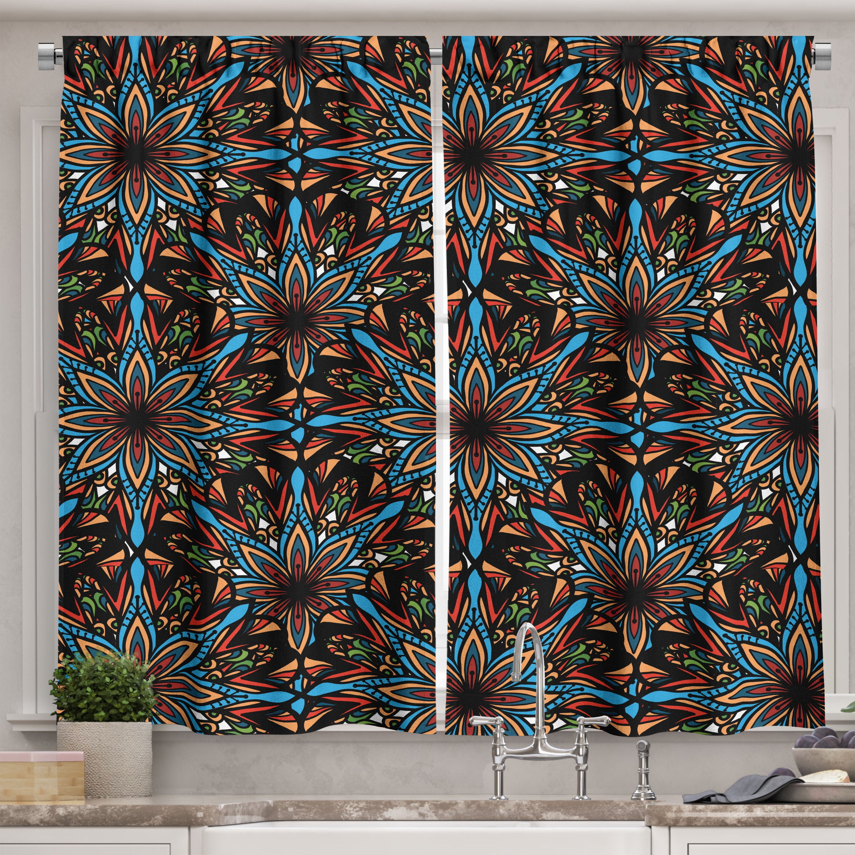 Ambesonne Abstract Floral Kitchen Curtains, Funky Petal Forms, 55
