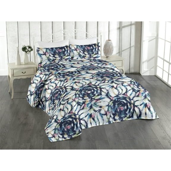 Ambesonne Abstract Floral Quilted Bedspread Set 3 Pcs, Blooming Fun Blooms, King, Indigo and Multicolor