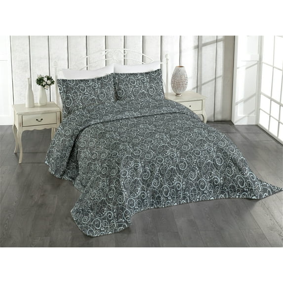 Ambesonne Abstract Floral Quilted Coverlet 2 Pcs, Vintage Geometric, Twin Size, Charcoal Grey Pale Blue