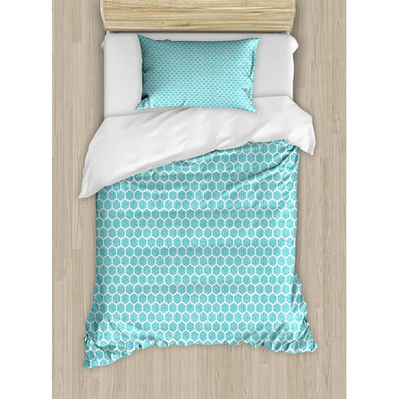 Ambesonne Abstract Geometric Duvet Cover Sets, Aquatic Hexagons, 2-Twin, Aqua White