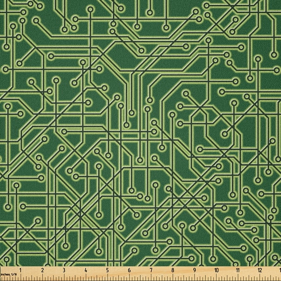 Ambesonne Abstract Green Fabric by the Yard Microfiber, Futuristic Grid Line, 2 Yards, Hunter Green Pale Green