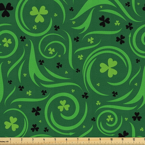 Ambesonne Abstract Green Fabric by the Yard Upholstery, Irish Swirl Shamrock, 2 Yards, Green Emerald