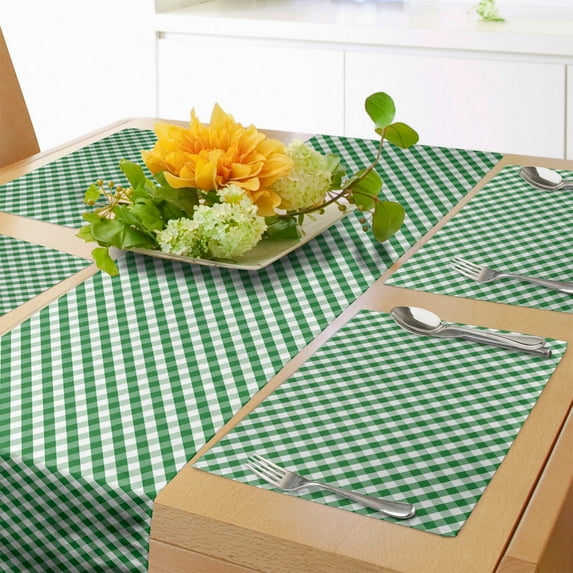 Ambesonne Abstract Green Table Runner & Placemats, Gingham Pattern, Placemat 4 pcs + Runner 12"x90", Forest Green Fern Green