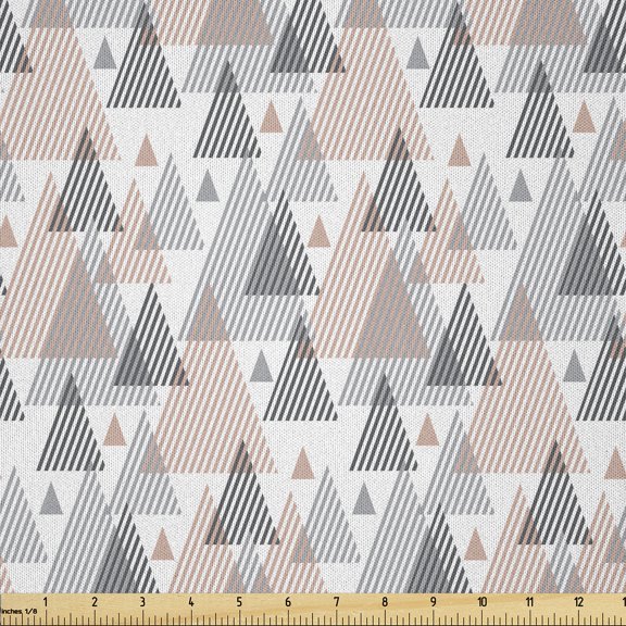 Ambesonne Abstract Grey Fabric by the Yard Microfiber, Striped Triangles, 1 Yard, Dimgray and Salmon