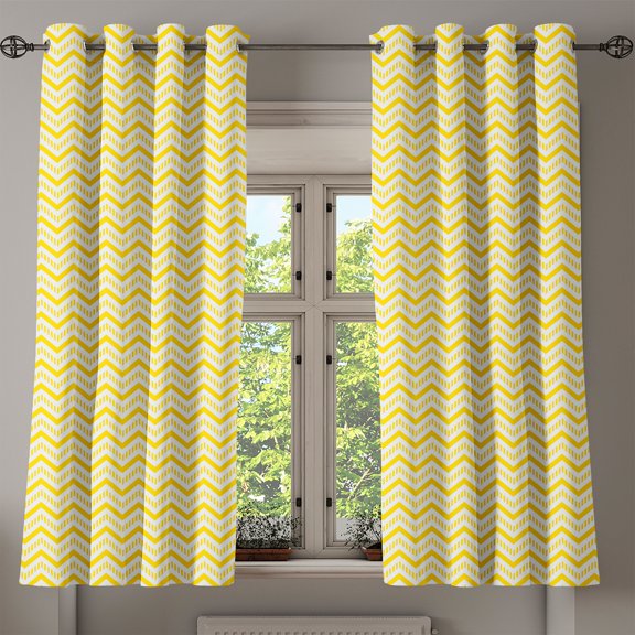 Ambesonne Abstract Grommet Curtain, Chevron Zig Zag 90s, 50" x 63", White and Yellow