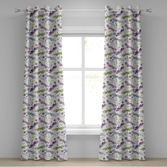Ambesonne Abstract Grommet Curtain, Dragonflies Flowers, 50" x 108", Pale Blue Purple