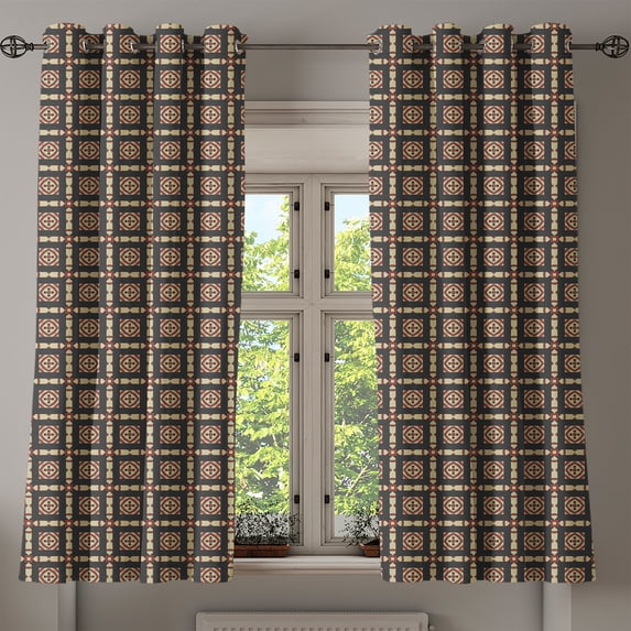 Ambesonne Abstract Grommet Curtain, Retro and Geometrical, 50" x 63", Black Vermilion Beige
