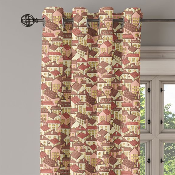 Ambesonne Abstract Grommet Curtain Single Panel, Town Houses City Life, 50"x60", Cream Coral Chocolate