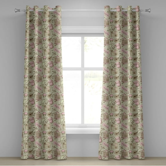 Ambesonne Abstract Grommet Curtain, Tea Pots Cups Cakes, 50" x 120", Grey Pale Pink and White