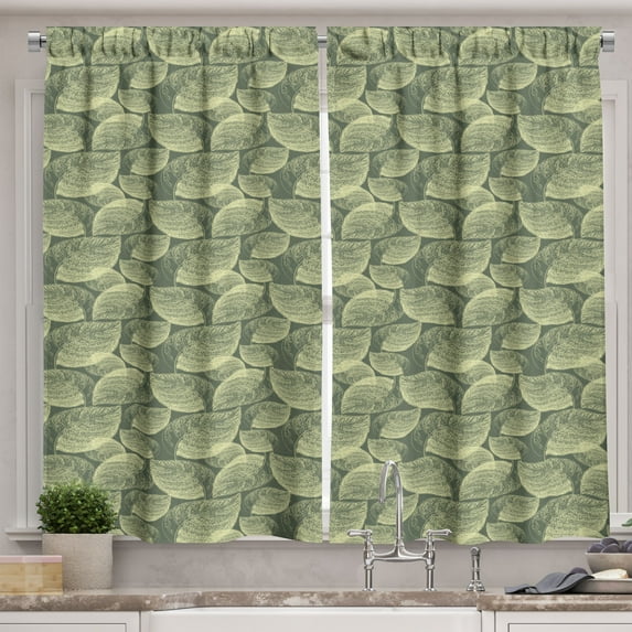 Ambesonne Abstract Kitchen Curtains, Autumn Leaves Line Art, 55"x45", Reseda Green Pale Green