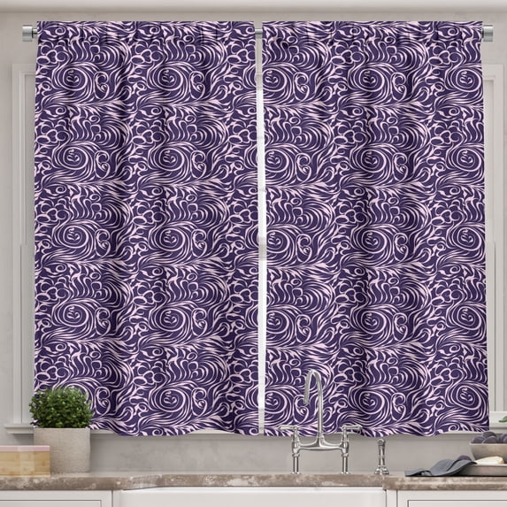 Ambesonne Abstract Kitchen Curtains, Bicolored Leaves Motifs, 55"x45", Dark Night Blue
