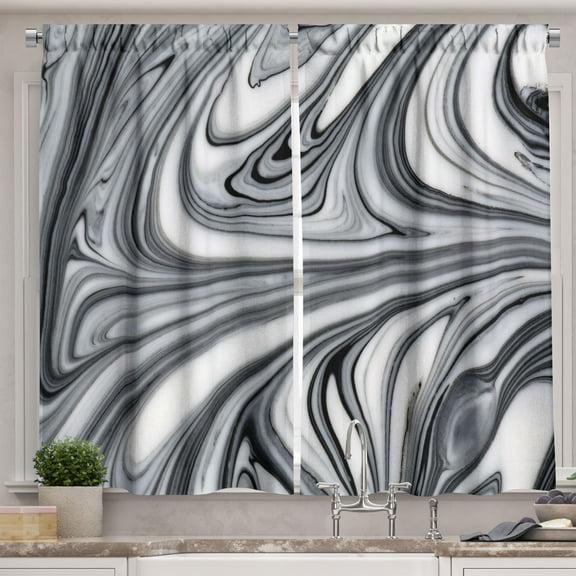 Ambesonne Abstract Kitchen Curtains, Black White Surreal Art, 55"x24", Grey