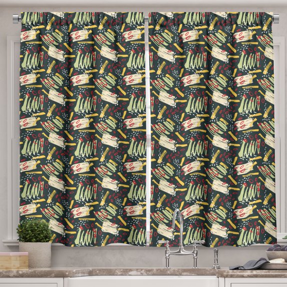 Ambesonne Abstract Kitchen Curtains, Brushstroke Shape Pattern, 55"x45", Pale Green Mustard White