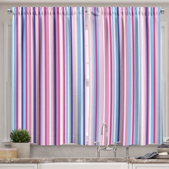 Ambesonne Abstract Kitchen Curtains, Colored Stripes Lines, 55"x39", Pale Pink Sky Blue