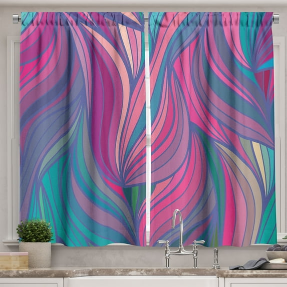 Ambesonne Abstract Kitchen Curtains, Curved Stripe Pattern Wavy, 55"x39", Multicolor