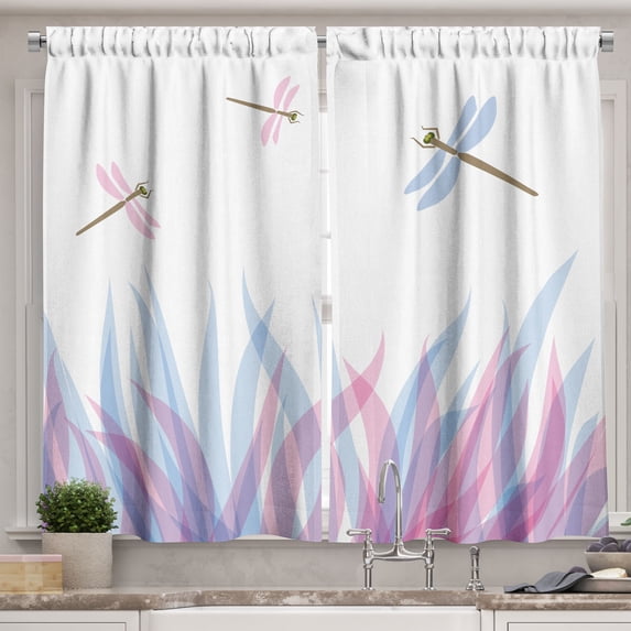 Ambesonne Abstract Kitchen Curtains, Dragoflies on, 55"x39", Violet Pink and Blue