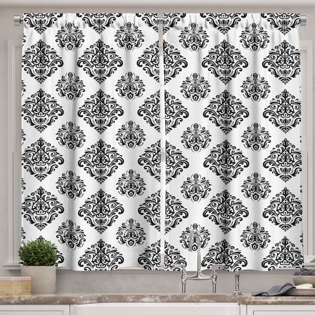 Ambesonne Abstract Kitchen Curtains, Eastern Damask Style Art, 55"x30", Black and White