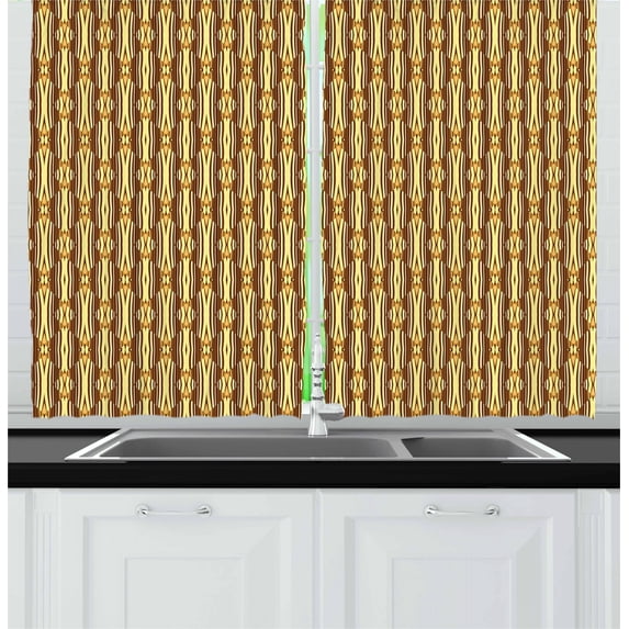 Ambesonne Abstract Kitchen Curtains, Ethnic Art Pattern Prints, 55"x45", Pale Yellow Brown