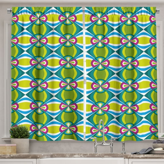Ambesonne Abstract Kitchen Curtains, Floral Curvy Checked, 55"x39", Multicolor