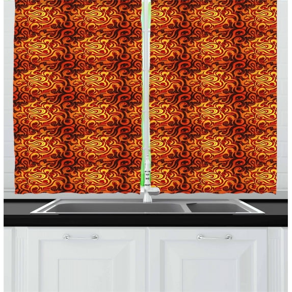 Ambesonne Abstract Kitchen Curtains, Floral Surreal Curves, 55"x39", Yellow Orange Black