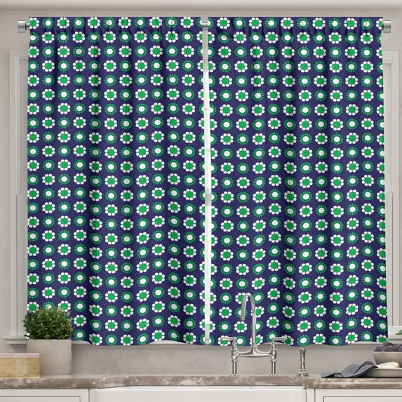 Ambesonne Abstract Kitchen Curtains, Floral and Round Dots, 55"x45", Navy Green and White