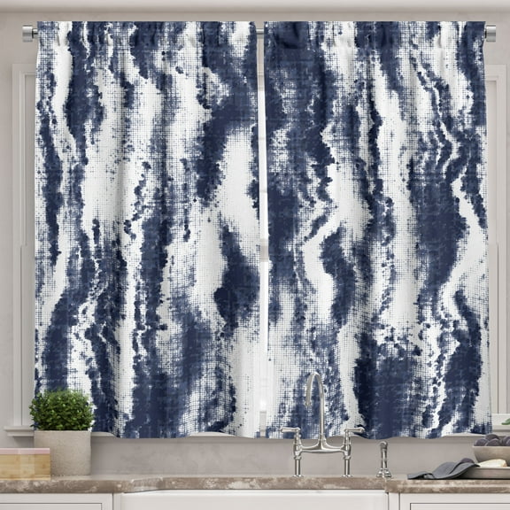 Ambesonne Abstract Kitchen Curtains, Folk Ikat Print Artwork, 55"x45", Navy Blue and Off White