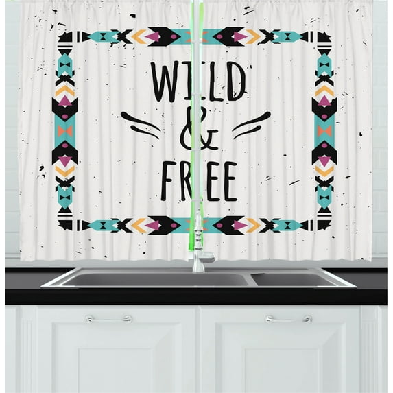 Ambesonne Abstract Kitchen Curtains, Geometric Boho Frame, 55"x39", Coconut Black Turquoise