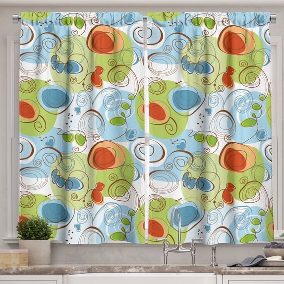 Ambesonne Abstract Kitchen Curtains, Geometric Funky Swirl, 55"x39", Pale Green White