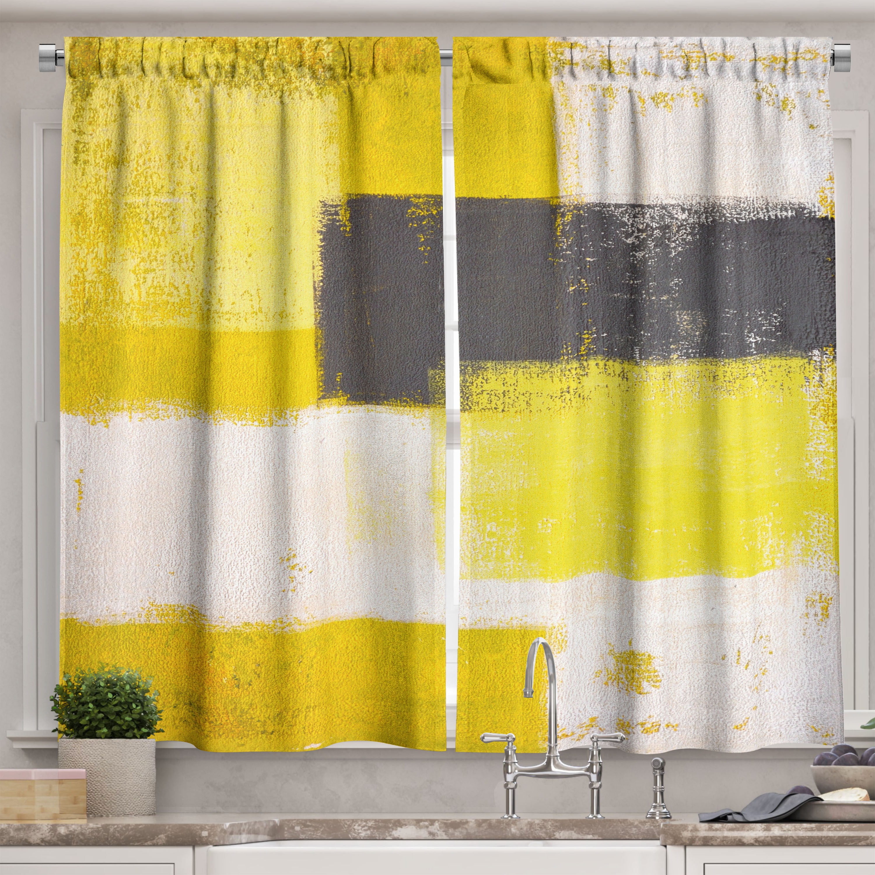 Ambesonne Abstract Kitchen Curtains, Grunge Brushstrokes, 55"x39", Grey Yellow
