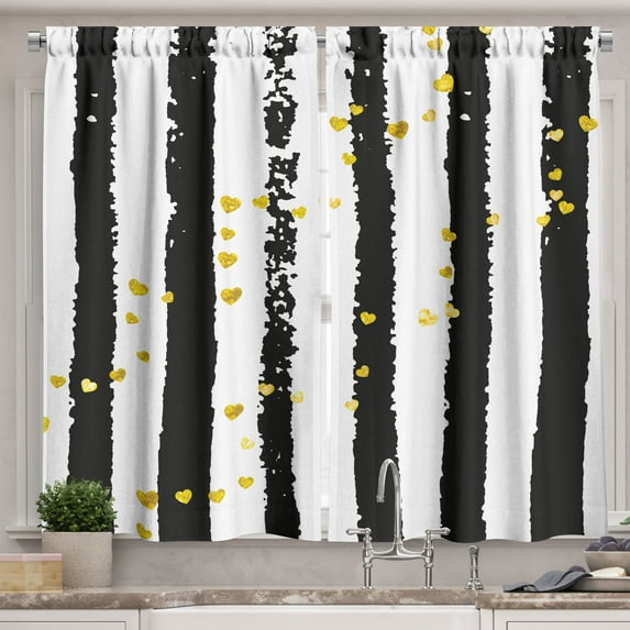 Ambesonne Abstract Kitchen Curtains, Hearts on Grunge Stripes, 55"x39", Grey Yellow
