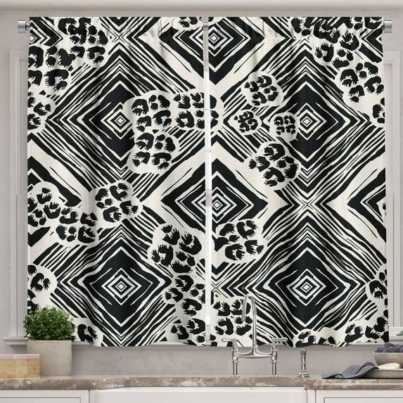 Ambesonne Abstract Kitchen Curtains, Ink Brush Style Argyle, 55"x45", Pale Eggshell Black