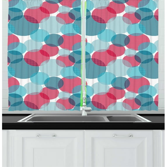 Ambesonne Abstract Kitchen Curtains, Intertwined Circles Square, 55"x45", Seafoam Petrol Blue and White