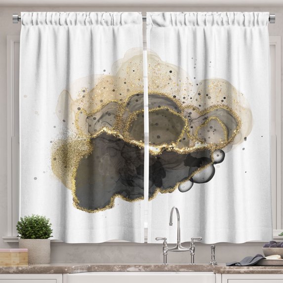 Ambesonne Abstract Kitchen Curtains, Modern Marbling Style Art, 55"x24", Dark Grey Mustard and White