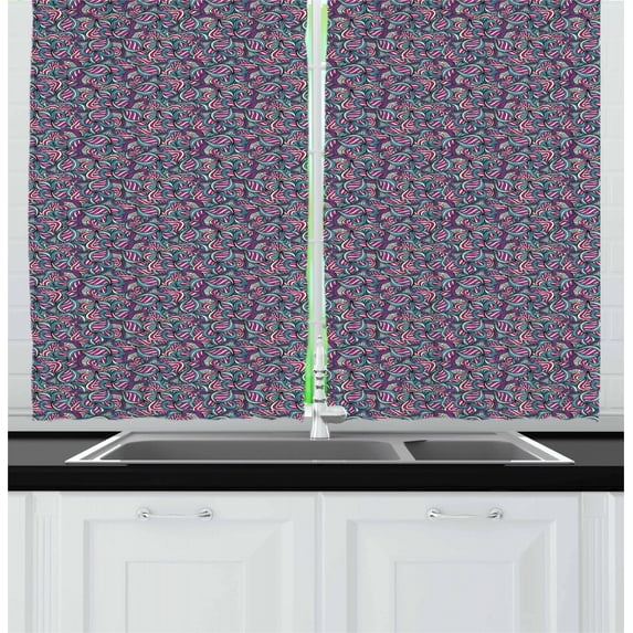 Ambesonne Abstract Kitchen Curtains, Ornamental Wavy Lines, 55"x39", Fuchsia Slate Blue Cream