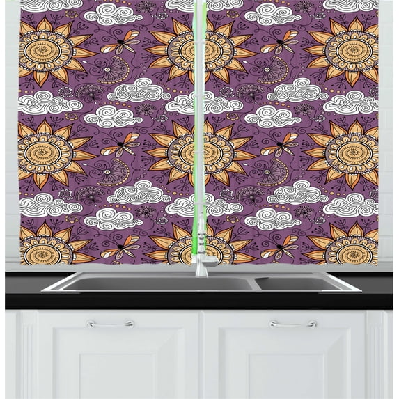 Ambesonne Abstract Kitchen Curtains, Pointy Petal Sun Rays, 55"x45", Pale Eggplant and Multicolor