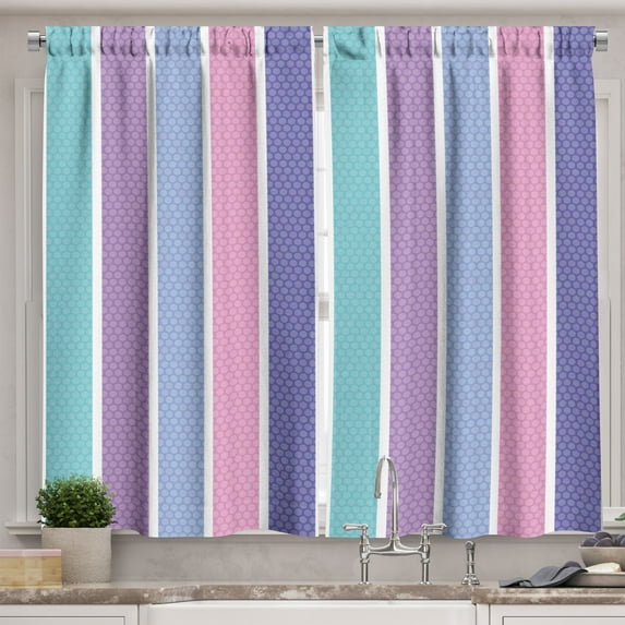 Ambesonne Abstract Kitchen Curtains, Polka Dot with Stripes, 55"x45", Violet and Violet Blue