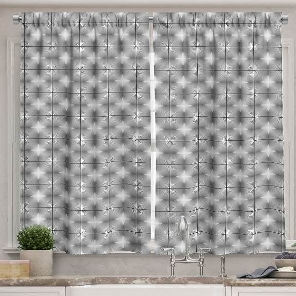 Ambesonne Abstract Kitchen Curtains, Psychedelic Like Art Deco, 55"x36", Grey and White