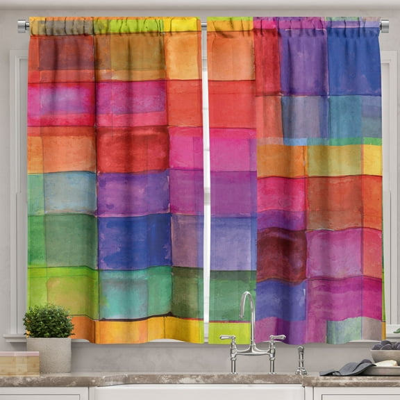 Ambesonne Abstract Kitchen Curtains, Rainbow Colors Squares, 55"x39", Multicolor