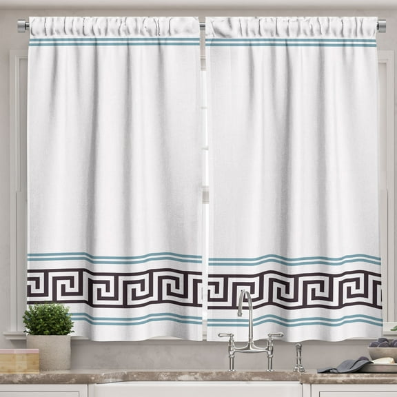 Ambesonne Abstract Kitchen Curtains, Simplistic Greek Pattern, 55"x24", White and Blue