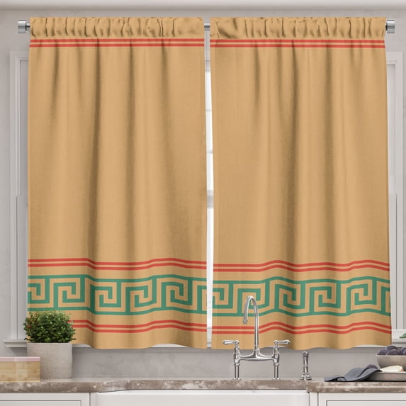 Ambesonne Abstract Kitchen Curtains, Simplistic Greek Pattern, 55"x30", Sand Brown and Dark Seafoam