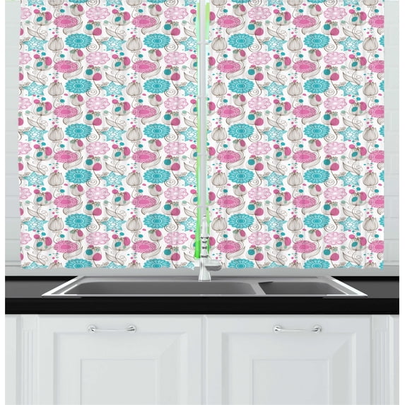 Ambesonne Abstract Kitchen Curtains, Sketched Tulip Flowers, 55"x45", Teal Pink and Taupe