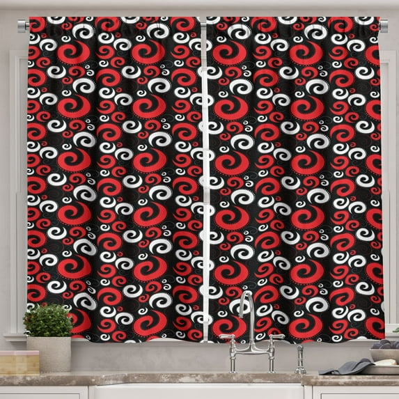 Ambesonne Abstract Kitchen Curtains, Spirals and Dots Art, 55"x39", White Black and Vermilion