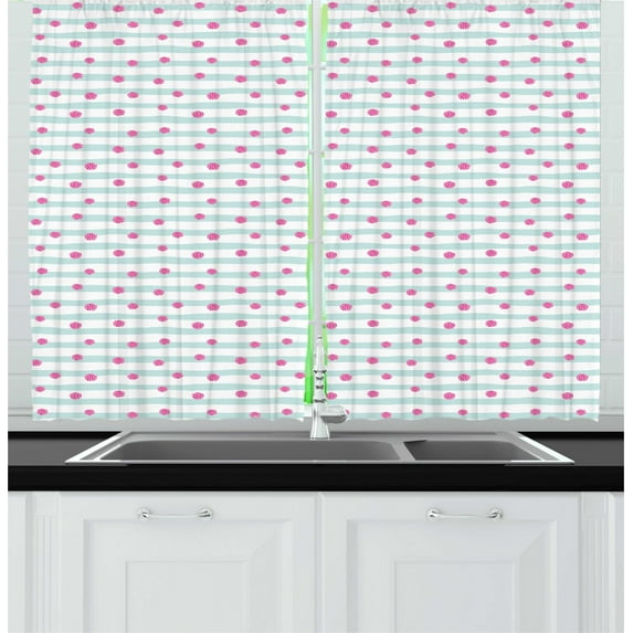 Ambesonne Abstract Kitchen Curtains, Stripes and Round Blobs, 55"x45", Pale Seafoam Pink
