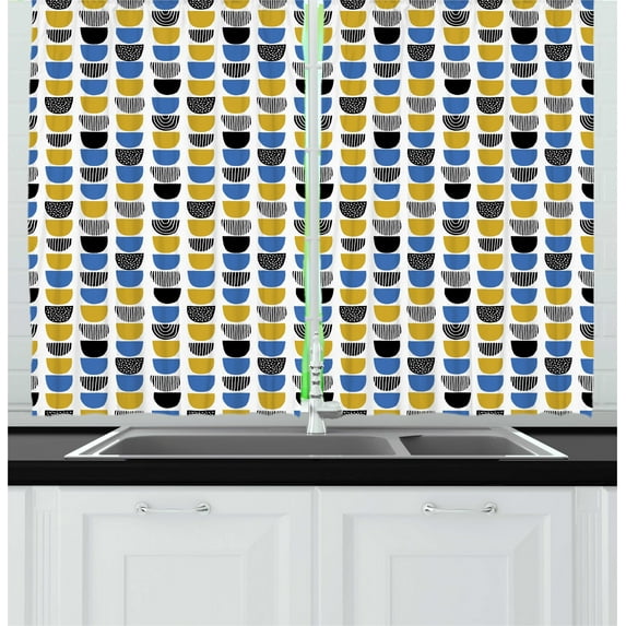 Ambesonne Abstract Kitchen Curtains, Surreal Pattern Ornates, 55"x45", Yellow Blue Charcoal Grey