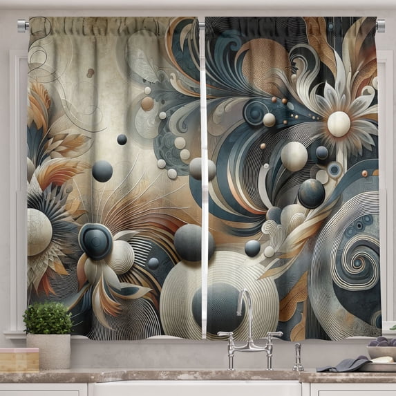 Ambesonne Abstract Kitchen Curtains, Surreal Swirling Posh Art, 55"x45", Dark Slate Blue and Tan